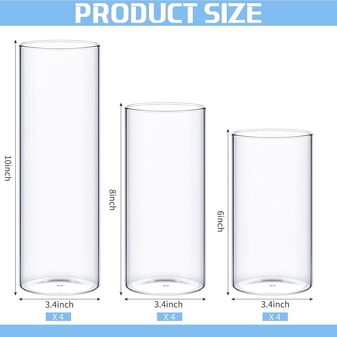 12 Pcs Cylinder Vases Set for Centerpieces, 6/8/10 Inch Tall Clear Glass Vase, Hurricane Floating Candle Holder for Wedding Table Decor, 2.5''/2.7''/3.3''' Diameter (3.3'' X 5.9'',7.9'',9.8'')