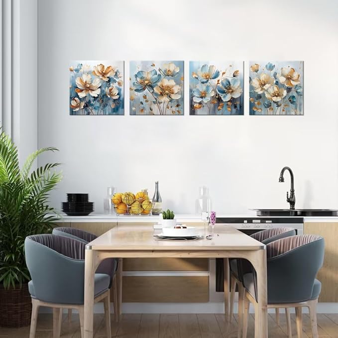 Pankila White Flower Wall Art Floral Pictures for Living Room Bedroom Bathroom Blue and White Canvas Flowers Wall Decor Life Poster Home Decorations Framed Artwork Ready to Hang (16''W x 16''H x 4)