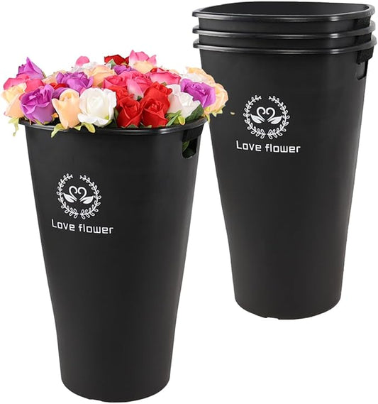 19.68" Tall Large Plastic Floral Bucket, 4 Pack French Flower Bucket with Cutout Handles, Black