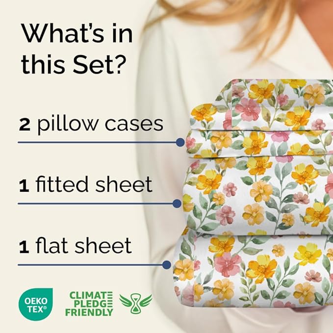Floral Sheets - Watercolor Floral Bed Sheet Set - 1 Flat, 1 Fitted & 2 Pillowcases w/ Deep Pockets - Comfy, Wrinkle & Fade Free Boho Botanical Bedding - Soft, Breathable and Cooling - Full Size New