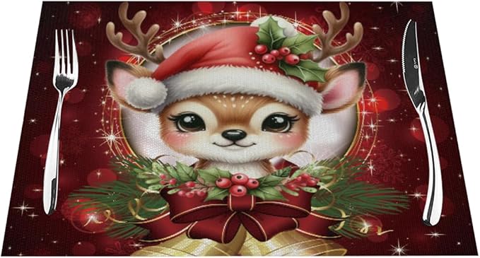 PVC Placemats Set of 1 Wipeable Table Mats Washable Heat Resistant Non Slip Vinyl Dining Table Mat for Kitchen Indoor Outdoor Patio Farmhouse Place Mats Red Christmas Bell Deer Decorative