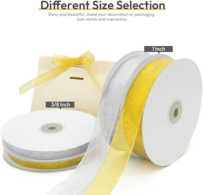 KMER LIFE 1 inch x 50 Yards Glitter Silvery Ribbon, Sparkly Metallic Fabric Ribbons for Gifts Wrapping, Sewing, Party Decoration and DIY Crafts