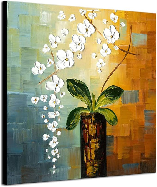 Wieco Art Beauty of Life Floral Oil Paintings on Canvas Wall Art Large Modern 100% Hand Painted Abstract White Flowers Stretched and Framed Artwork for Living Room Bedroom Home Decorations 32x32