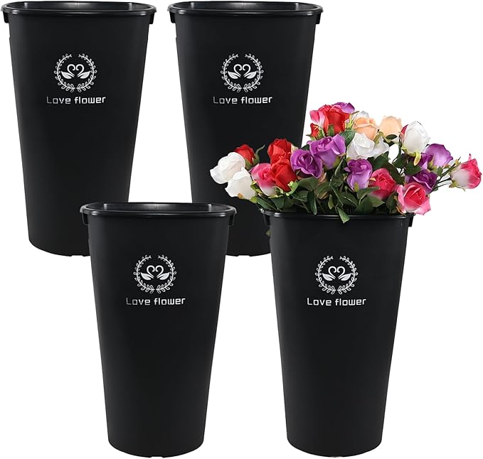 20 Inch Large Plastic Flower Buckets Vases for Cut Flowers, 4-Pack Tall Flower Display Buckets, Black