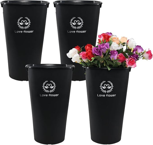 20 Inch Large Plastic Flower Buckets Vases for Cut Flowers, 4-Pack Tall Flower Display Buckets, Black