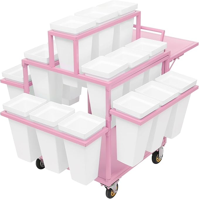 6-Tier Flower Display Stand Indoor Movable Flower Stand with 18 Buckets Plants Display Rack Cart with Wheels Metal Florist Bouquet Stand for Florist Patio Garden,23.62 * 23.62 * 36.61in (Pink)