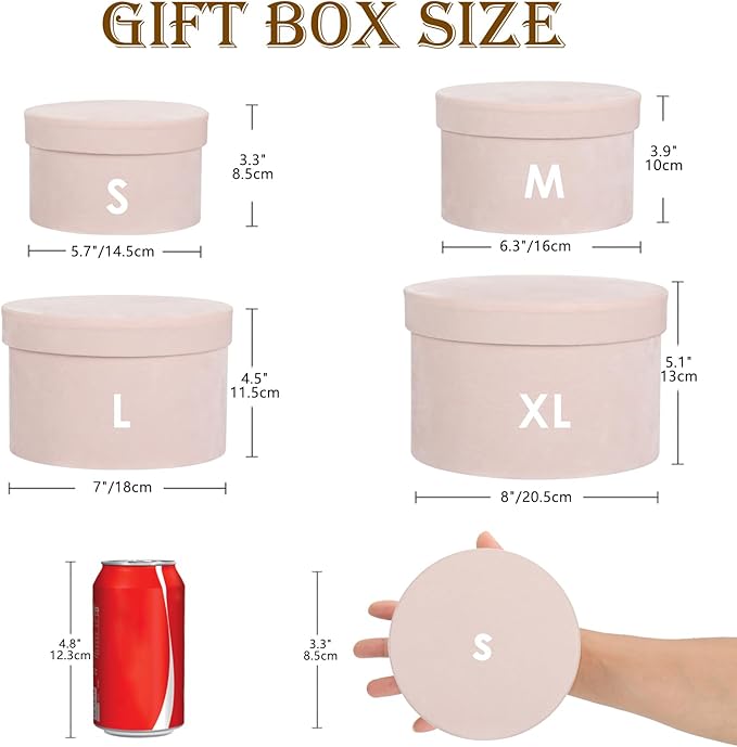 Round Gift Boxes with Lids for Presents Set of 4 Light Pink Velvet Nesting Gifts Box for Arrangements Flowers Wedding Birthday Valentines Bridesmaid Christmas Party Anniversary