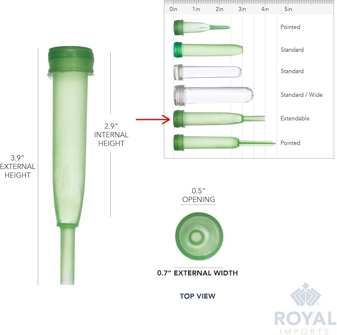 Royal Imports Floral Water Tubes with Caps – 4" Green Plastic Flower Vials for Single Stem Roses, Buds, Bouquets – Extendable Style, 1/2" Opening – 25 Pack