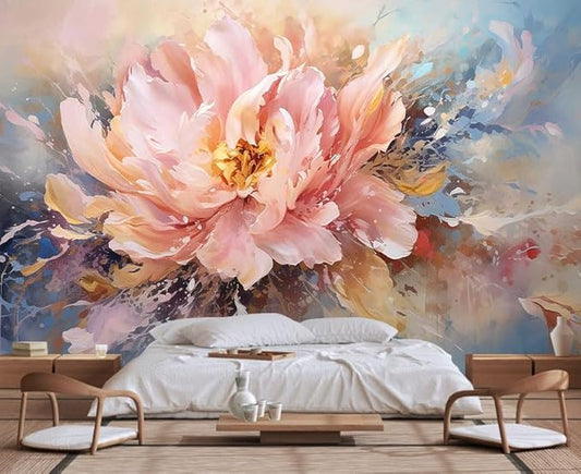 Pink Peony Background Oil Painting Floral Texture Mural, Modern Wallpaper, Large Wall Background Painting(Non-self-Adhesive)