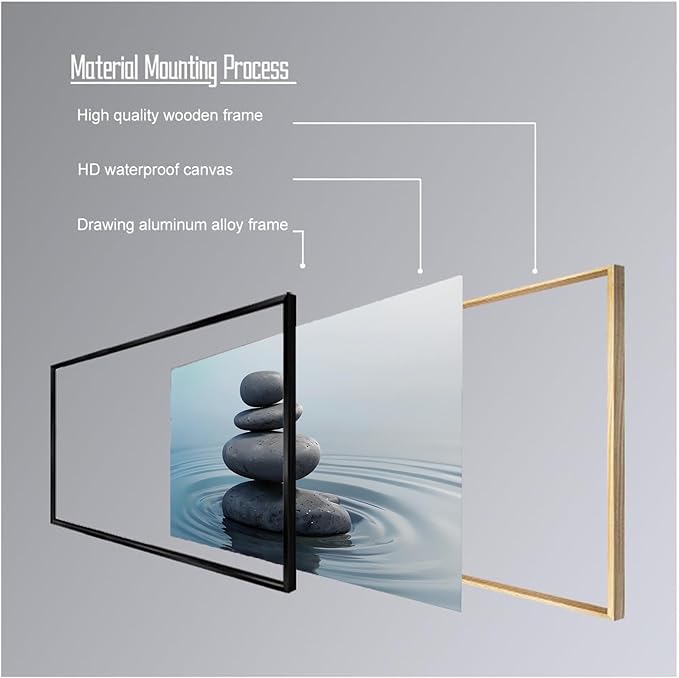 Zen wall art Harmonious grey stones stacked on a calm surface of water Serene Zen decor suitable for tranquil homes and spaces of meditation 24x36in Metal blackFramed