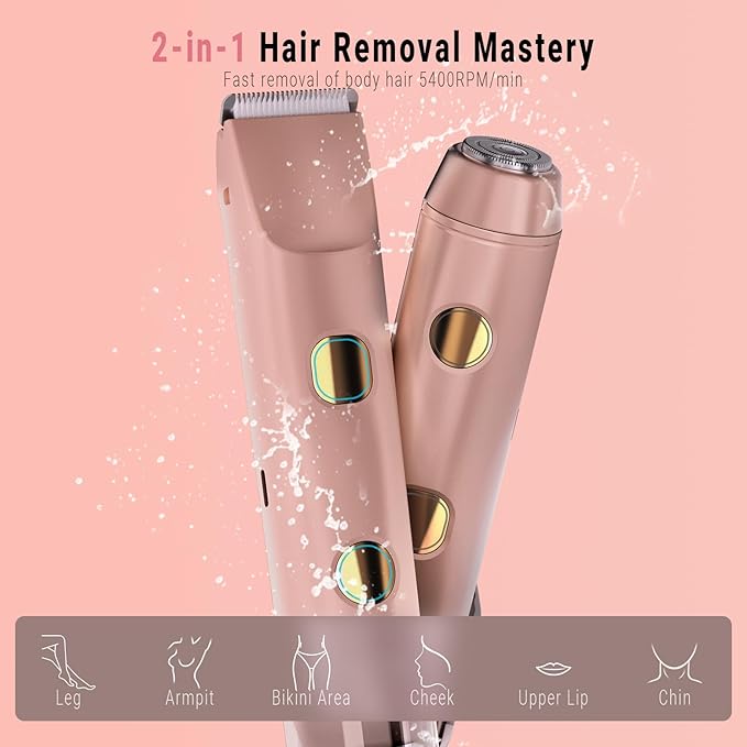 2-in-1 Bikini Trimmer for Women, Bikini Shaver with Dual Heads, Body and Facial Hair Removal, Cordless Rechargeable Electric Razors for Face Chin Pubic Underarm Legs, IPX7 Waterproof, Pink