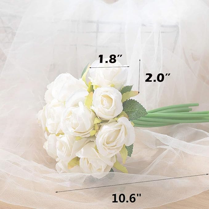 12pcs Artificial Roses Single Stem Fake Silk Flower Arrangement Bridal Bouquet Real Touch for Home Party Wedding Decoration Without Vase (White)