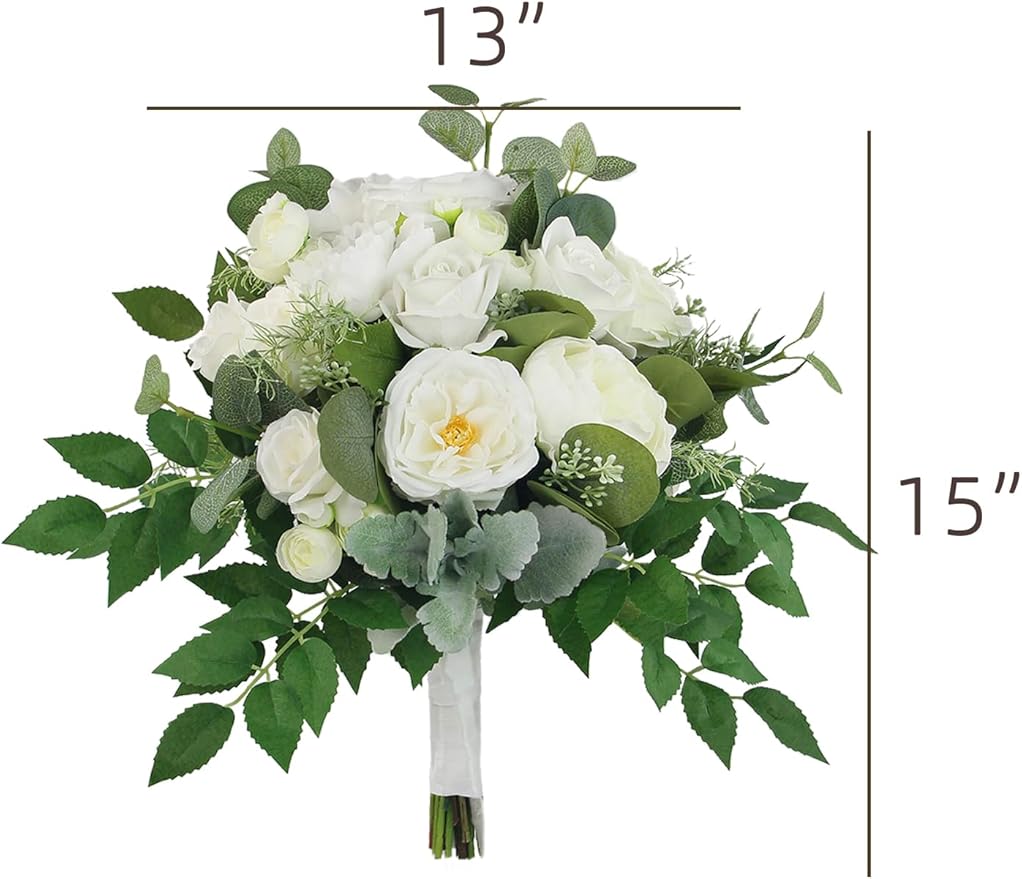 Rinlong Wedding Bouquets for Bride White Green Bridal Bouquet for Wedding Artificial Flowers Silk Bouquet White Lush Green