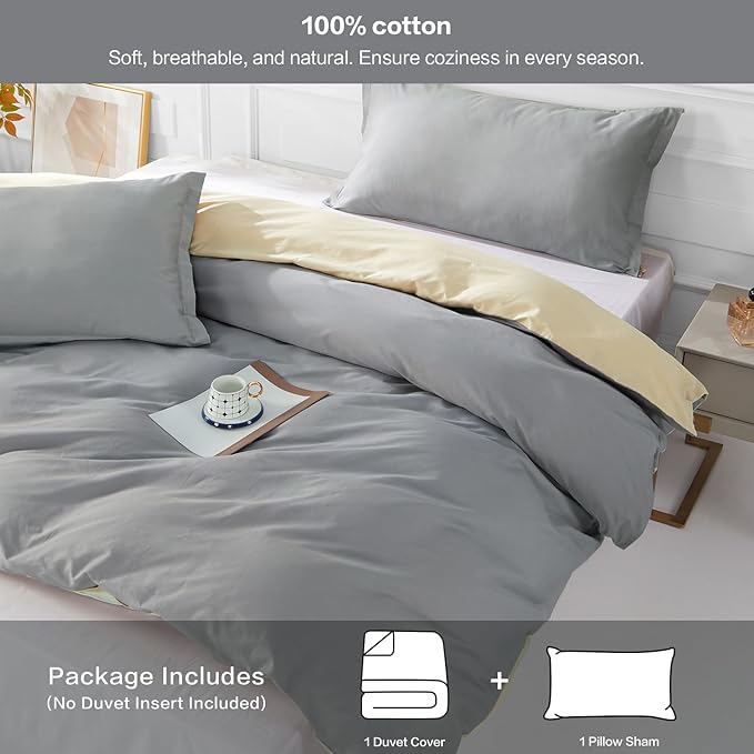 SAPHREAS Grey Duvet Cover Twin Size 2 Pieces Extra Soft 100% Cotton Bedding Set for Kids & Adults, Includes 1 Duvet Cover 68"x90" with Zipper Closure & 1 Pillow Sham, Comforter Not Included