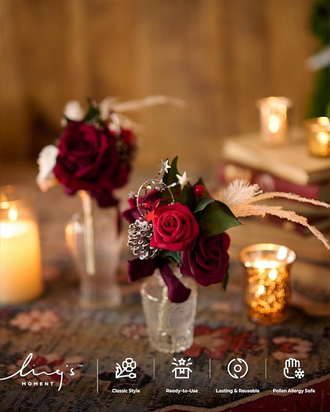 Ling's moment Christmas Artificial Flowers 25Pcs Dark Red Roses Decor w/Stems,3" Real Touch DIY Foam Floral for Wedding Bouquet/Centerpieces, Outdoors Party Backdrop, Room/Table Decorations