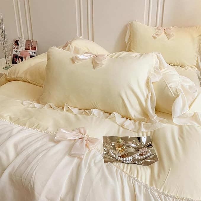 Ruffled Bedding Bow Duvet Cover Set with Butterfly Tie, Full Comforter Cover Set, Shabby Chic Bedding Set,Romantic French Princess Style -Yellow,Full