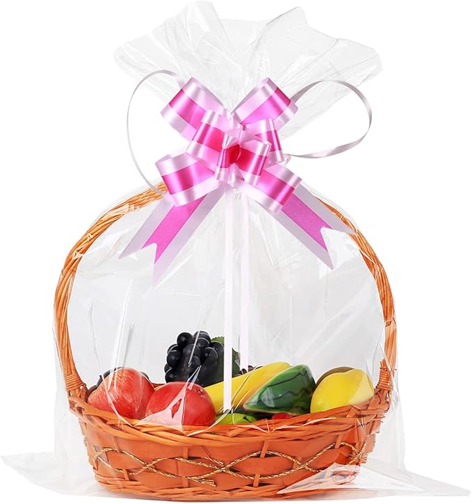 UltraOutlet 50 Packs Large Cellophane Bags 18" x 24" Clear Cellophane Gift Basket Wraps 2.3 Mil Thick Transparent Cello Bags for Fruit Basket, Gift Wrap, Treats, Arts and Crafts, 50ct Ribbon Bows