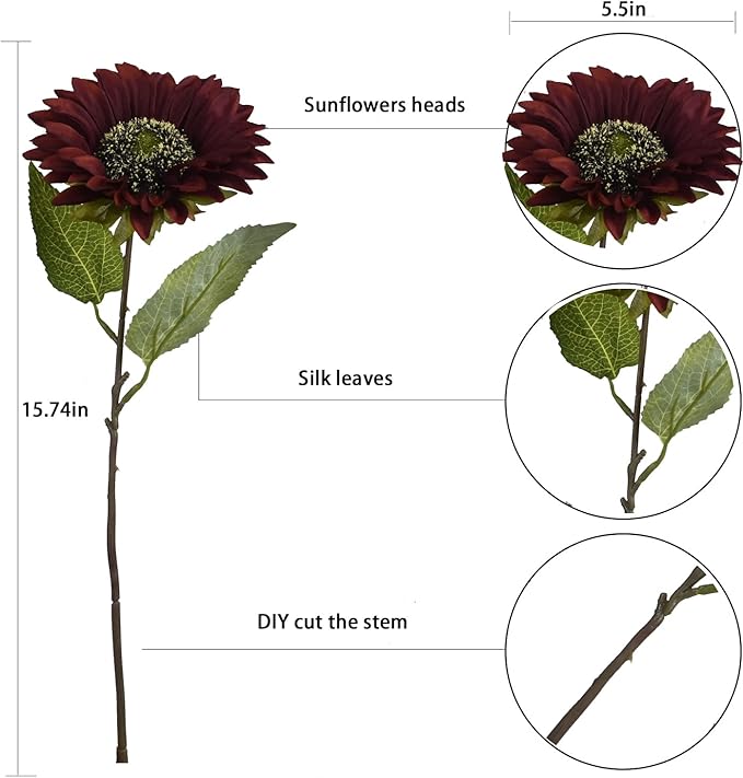 Red Artificial Sunflower Flowers 8 Pcs Single Long Stem Silk Fake Sunflowers Bridal Wedding Bouquet Fake Yellow Flower Arrangements for Outdoor