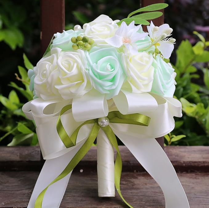 Lightweight Bridal Wedding Bouquet Round Holding Bouquet Throw Toss Artificial Rose Flower Bunch for Bride Bridesmaid Wedding Quinceanera (Cream & Light Cyan, 9.1")