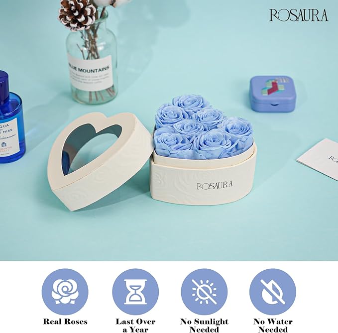 Rosaura Heart-Shaped Preserved Roses Gift Box - Real Forever Flowers for Birthday, Valentine's & Mother's Day (Sky Blue, 7 roses)