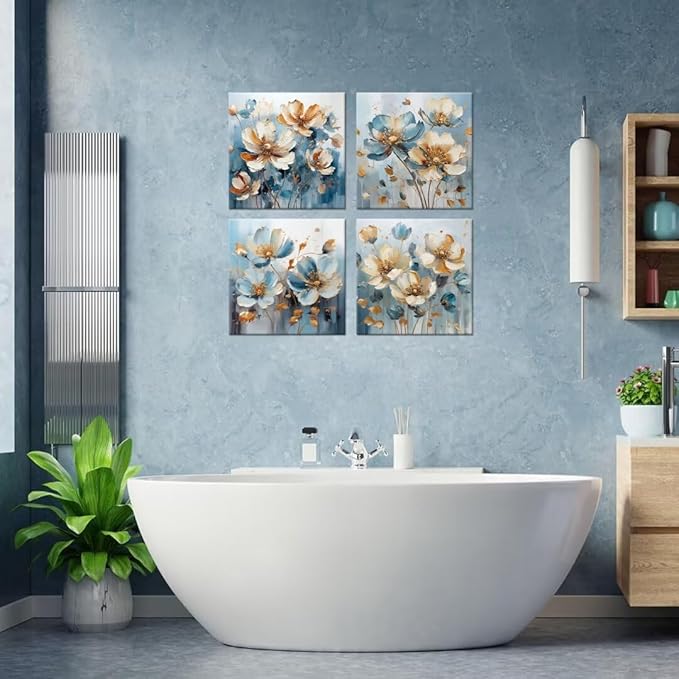 Pankila White Flower Wall Art Floral Pictures Blue and White Canvas Flowers Wall Decor Life Poster for Living Room Bedroom Bathroom Home Decorations Framed Artwork Ready to Hang (12''W x 12''H x 4)