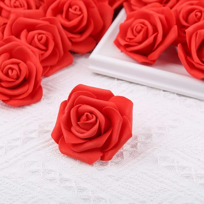 IPOPU 100 Pcs Artificial Flowers Roses Flower Heads Coral Red Foam Fake Roses for DIY Craft Wedding Centerpieces Arrangements Party Baby Shower Cake Decor Home Decorations (Red, Stemless)