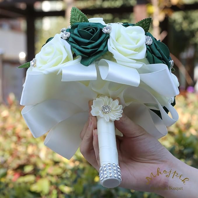 Lightweight Bridal Wedding Bouquet Round Holding Bouquet Throw Toss Artificial Rose Flower Bunch for Bride Bridesmaid Wedding Quinceanera (Cream & Dark Green, 7.9")