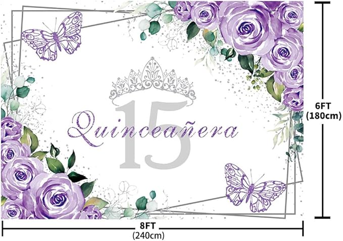 SENDY 8x6ft Quinceañera Backdrop Mis Quince 15 Anos Birthday Party Decoration Supplies for Girl Princess Purple Floral Butterfly Silver Crown Photography Background Banner Photo Booth Studio Props