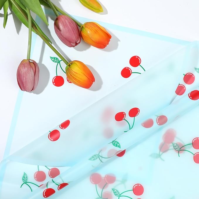 Liobelon 20 Sheets Flower Wrapping Paper Waterproof Bouquet Paper with Cherry Pattern Blue Gift Wrapping Paper for Flower Shop, Wedding, Birthday Party, Handmade DIY, Anniversary 22.8 x 22.8 Inch
