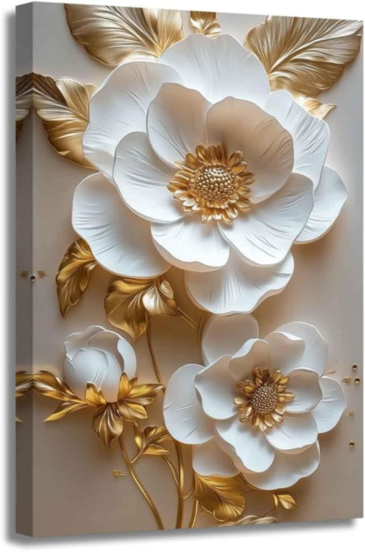 ZSHARTSWD Abstract White & Gold Floral Canvas Wall Art Elegant Flowers Pictures Prints White Flower Golden Leaves Painting Living Room Bathroom Decor Framed (Gold, 36L x 24W)