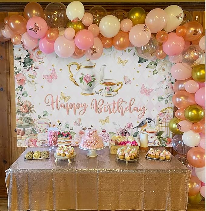 Mocsicka Tea Party Happy Birthday Backdrop Floral Princess Tea Birthday Party Decorations Kids Wonderland Let's Partea Dessert Caketable Banner Photo Booth (5x3ft)