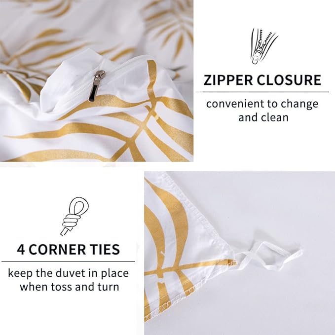 Nayoroom Gold Leaf Duvet Cover Queen Size Tropical Botanical Leaves Printed on White Bedding Set Soft Lightweight Microfiber Garden Farmhouse Comforter Covers with Zipper Closure Corner Ties