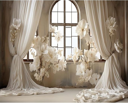 10x8ft Wedding Party Decorations Banner Backdrop Wedding Reception Photography Backdrop White Floral Flowers Curtains French Frame Photo Backgrounds Baby Shower Photo Shoot Portraits Props