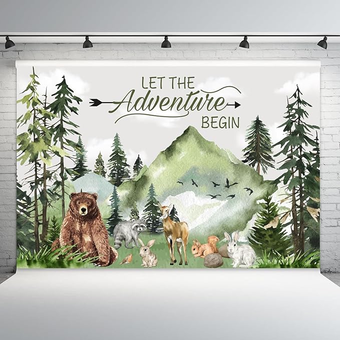 10x6.5ft Baby Shower Backdrop Mountain Forest Wild Animal Photography Background Cartoon Bear Woodland Green Trees White Cloud Birthday Party Banner Decorations Gender Reveal Photo Booth Prop