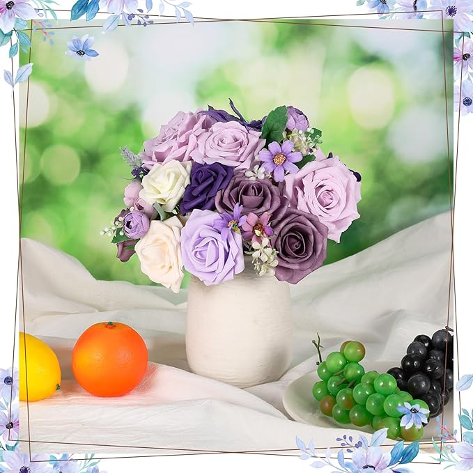 Jspupifip Purple Artificial Silk Flowers Combo Box Set, Fake Roses Daisy Flowers Arrangement Bouquets for DIY Wedding Flower Centerpiece Baby Shower Floral Home Decor