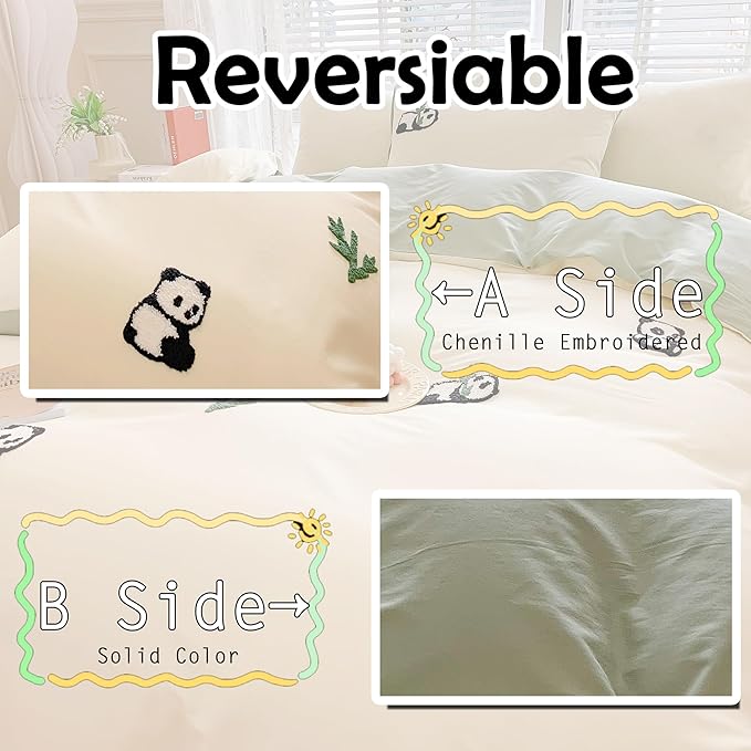MorroMorn Queen Duvet Cover Cotton, 3D Embroidery Queen Bed Set Green, Chenille Embroidered Comforter Covers Blanket Soft Breathable Sweat-Absorbent for Girls Boys Kids Teen (Panda, Full/Queen)