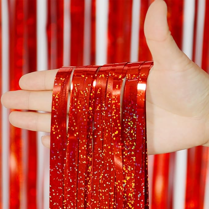 Melsan Red Tinsel Foil Fringe Curtains Backdrop, 3.2 ft x 8 ft Sparkle Tinsel Backdrop Streamers for Christmas Valentines Patriotic Birthday Party Decorations, 2 Packs