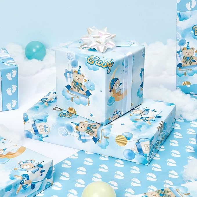 WERNNSAI Baby Wrapping Paper - 1 Roll 17” x 16.4 ft Bear Wrapping Paper for Boy Baby Shower Wrap Paper Blue Bear Gift Wrap Reversible New Born Birthday Present