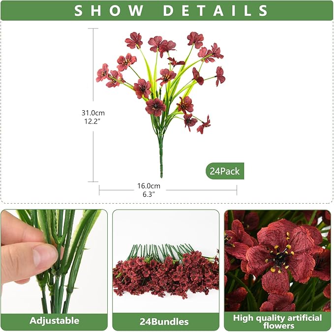 Artificial Fake Plants Flowers for Outdoor Outside Fall Decoration,24 Bundles Faux Silk Daisy in Planter UV Resistant Look Real for Home Front Door Porch Patio Garden Balcony Autumn Decor(Brown)