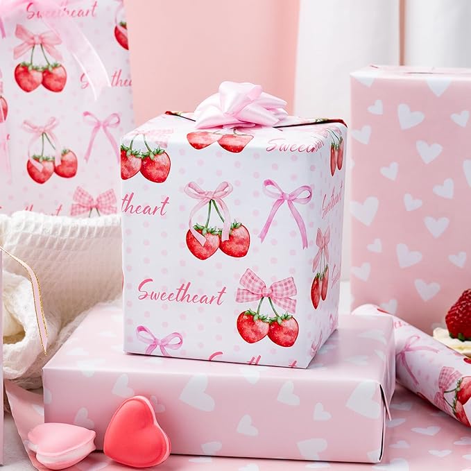 Homeral Pink Strawberry Birthday Wrapping Paper Roll - 17In x 16.5Ft Reversible Gift Wrap, Strawberry and Bow Pattern Art Paper for Girls Baby Shower, Birthday, Wedding, Valentine’s Day, DIY Crafts