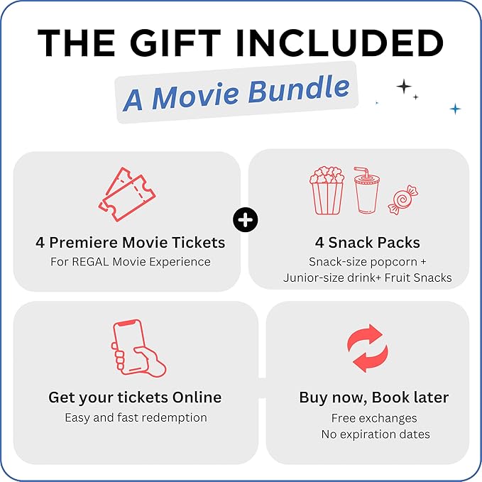 Wonderbox Regal Movie Gift Box, 4 Tickets & 4 Snack Packs Movie Night Experience for 2, Valid at 425 Locations