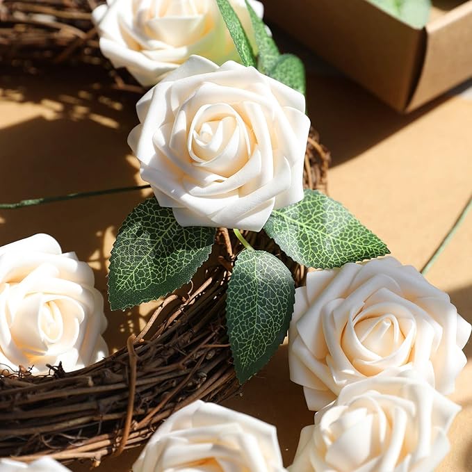 AmyHomie Artificial Flowers Champagne Rose 50pcs Real Looking Fake Roses w/Stem for DIY Wedding Bouquets Centerpieces Arrangements Party Baby Shower Valentines Day Christmas Tree Decorations