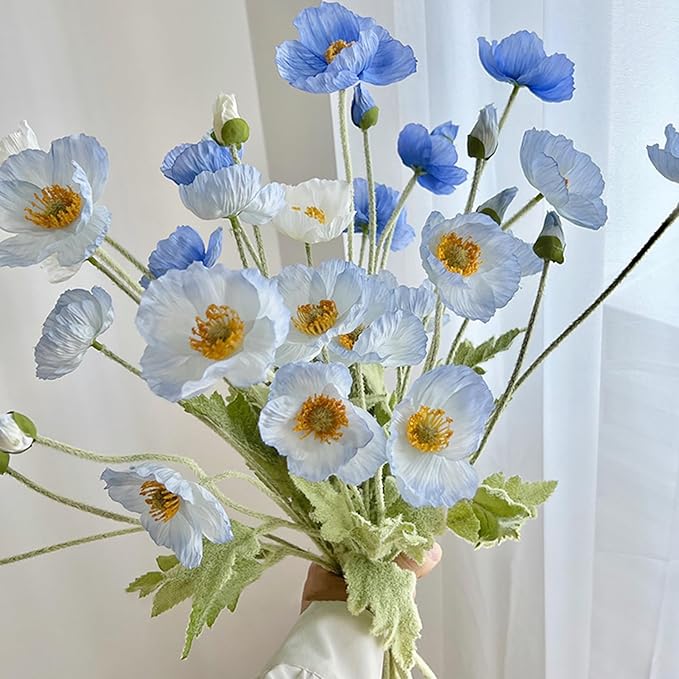 2 Pcs Artificial Fake Flowers Plants Poppies Silk Flower Arrangements Wedding Bouquets Decorations Plastic Floral Table Centerpieces for Home Kitchen Garden Party Decor Approx 23.6" High - Dark Blue