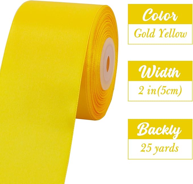 TONIFUL 2 Inch x 25 Yards Wide Gold Yellow Satin Ribbon Solid Fabric Ribbon for Gift Wrapping Crafts Chair Sash Eternal Flower Invitation Cards Hair Bows Sewing Party Wedding Decoration