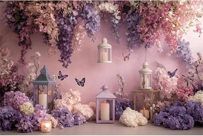 YongFoto Elegant Flower Wall Backdrop 10x6.5ft Floral Butterfly Candle Photography Background Baby Bridal Shower Wedding Girl Birthday Party Banner Room Decor Portrait Photoshoot Wallpaper Photo Booth