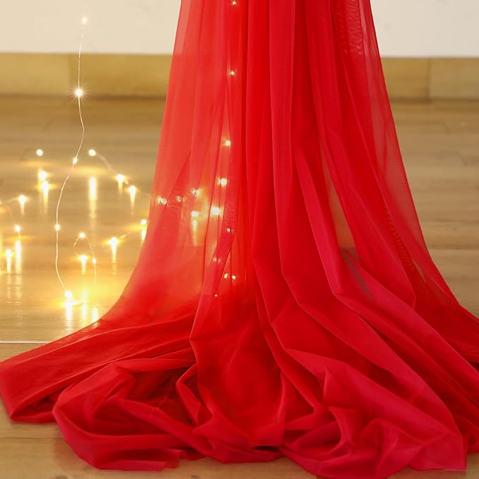 10ft x 8ft Red Tulle Photo Backdrop Curtain with Lights String for Christmas Party Red Sheer Curtain Backdrop Drapes for Birthday Party Wedding Holiday Photo Booth Background Home Room Decorations