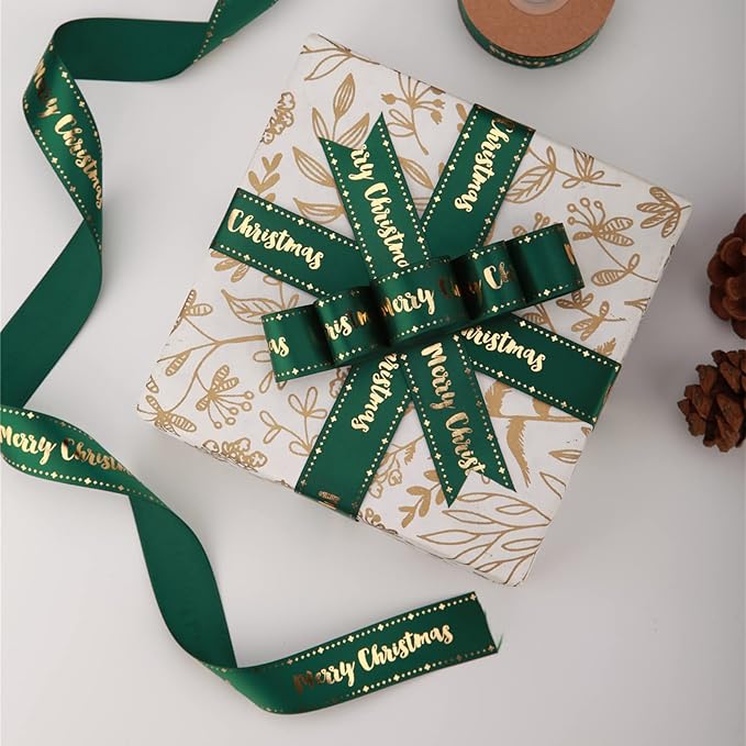 Merry Christmas Ribbon 10 Yards 1Inch Wide Black Satin Ribbons with Gold Printed Gift Ribbon for Craft Packing, Gift Wrapping, DIY Craft, Christmas Party Supplies