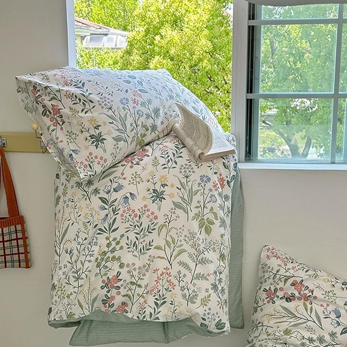 EAVD Vintage Style Garden Botanical Duvet Cover King Soft Cotton Chic Shabby Colorful Leaves Floral Bedding Set with 2 Pillowcases Fresh Floral Duvet Cover with Zipper Closure