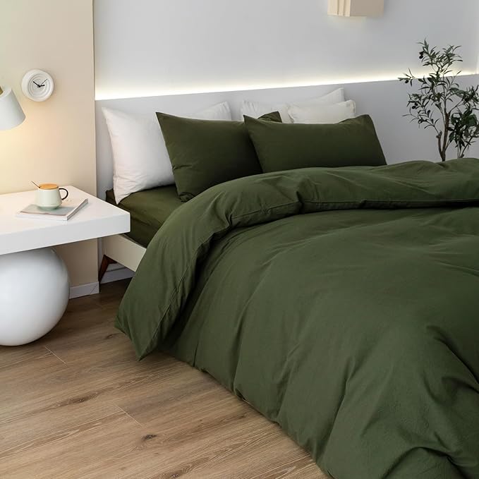 JIYUAN 100% Washed Cotton Duvet Cover Set 3 Pieces Cal King, 1 Duvet Cover 104x98 Inches(Comforter Not Included) and 2 Pillowcases,Linen Feel Bedding Set Comfy and Breathable,Olive Green