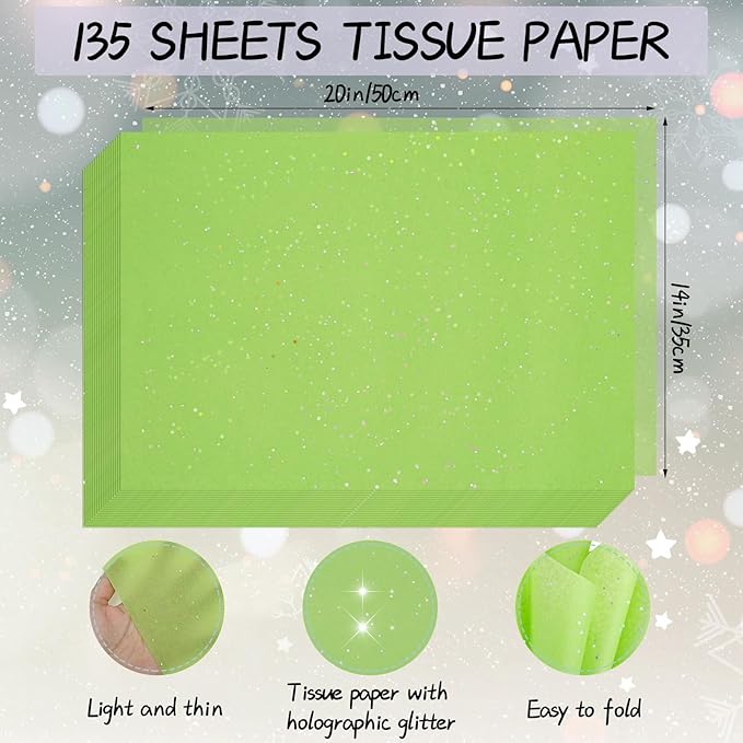woric 135 Sheets Glitter Tissue Paper for Gift Bags 20 x 14 Inch Light Green Tissue Paper for Gift Wrapping Art DIY Crafts Birthday Wedding Christmas Decor